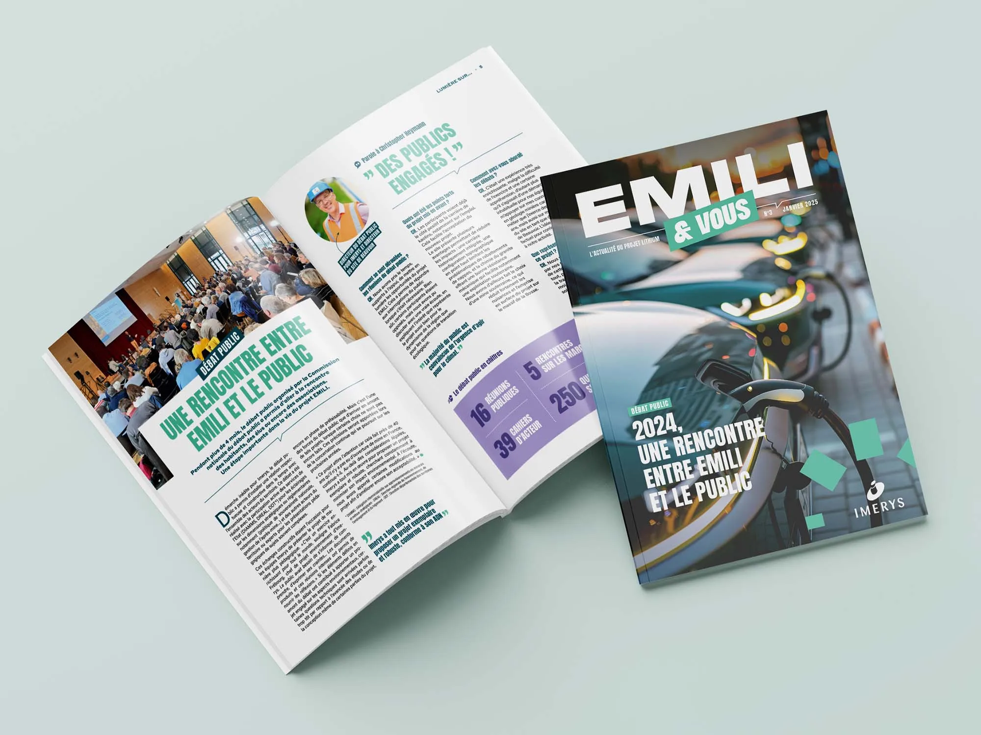 Cette image montre un magazine intitulé “EMILI & VOUS”, mettant en avant une rencontre publique, avec des articles illustrés.