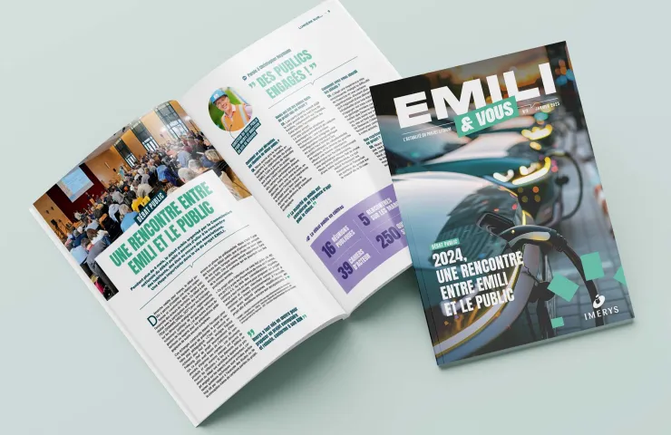 Cette image montre un magazine intitulé “EMILI & VOUS”, mettant en avant une rencontre publique, avec des articles illustrés.